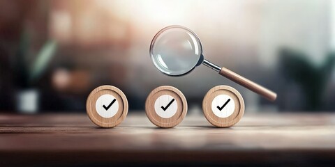 tax finance submission concept. Magnifying glass over wooden checkmarks on a blurred background.