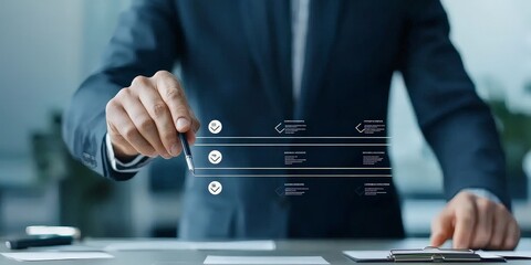 tax finance submission concept. A businessman interacting with digital interface graphics.