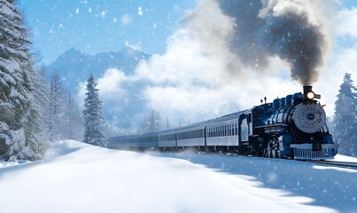 A winter themed design featuring the classic, old retro train from the Polar Express in the snow, Generative AI 