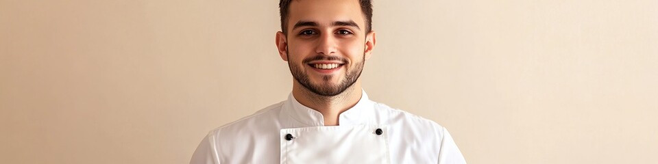 Fototapeta premium A portrait of a young male chef wearing a white uniform, smiling warmly against a neutral background. This image promotes the art of cooking and embodies professionalism in the culinary field, making 
