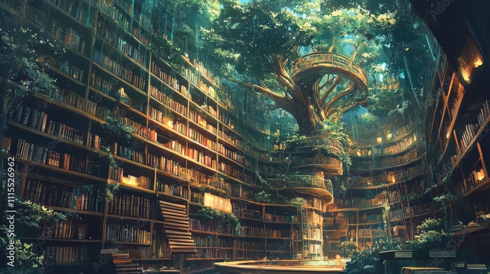 Poster explore an enchanted forest a serene digital library connecting global readers through fantasy art a