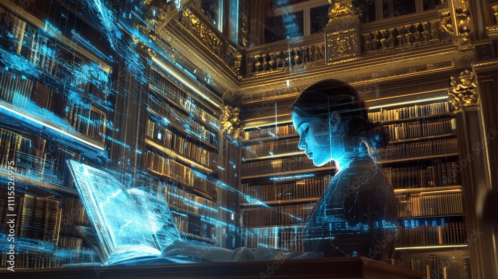 Poster digital library system revolutionizing global connections virtual library technology indoor close-up