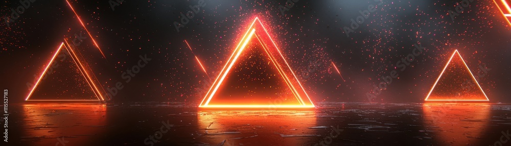 Poster neon triangles with vibrant lights and sparkling effects in dark space