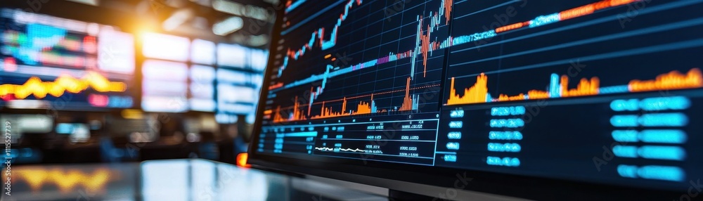 Poster Stock Market Data Visualization on Computer Screen with Graphs and Charts