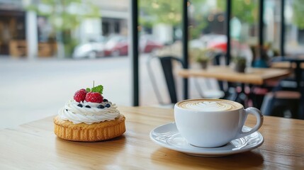 Delicious dessert with coffee in a cozy caf&eacute; setting