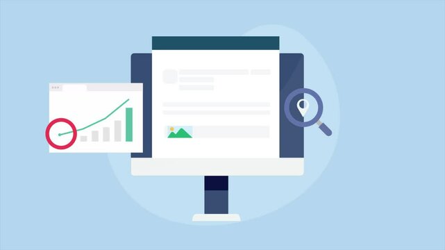 Seo analysis 2d animation video with chart, graph, content and magnifying glass
