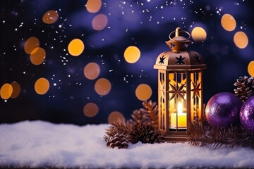 Fototapeta premium Decorated Christmas, burning candles, lantern on snow and fir tree branch on magic bokeh lights background, gold and dark violet colors