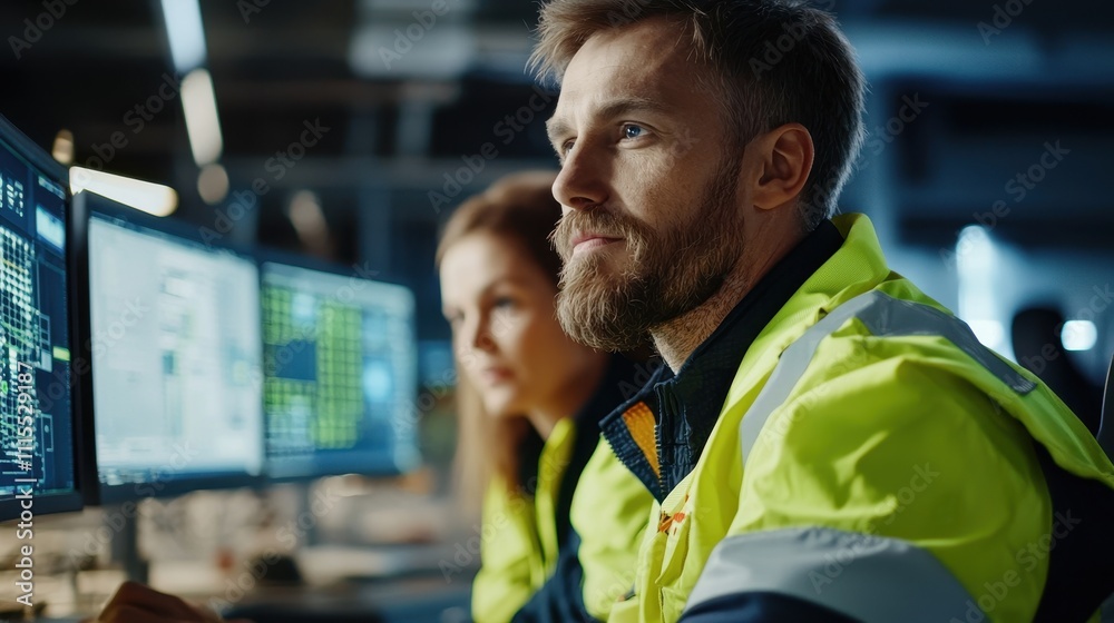 Poster professional workers engaged in data analysis in modern office
