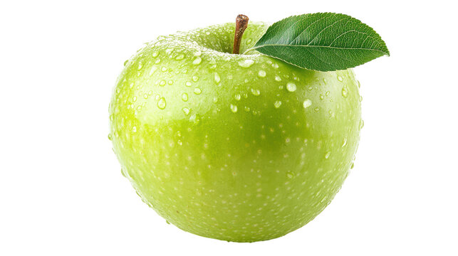 A vibrant green apple sits against a clean backdrop, its surface glistening with fresh water droplets. The leaf adds a touch of natural charm to this juicy fruit