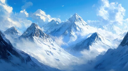 Obraz premium majestic mountains covered in snow, peaks touching the sky, serene and awe-inspiring, perfect for capturing the grandeur of nature