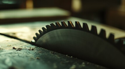 A close-up shot of the circular saw's blade, capturing the details and sharpness, with the body softly blurred behind it.