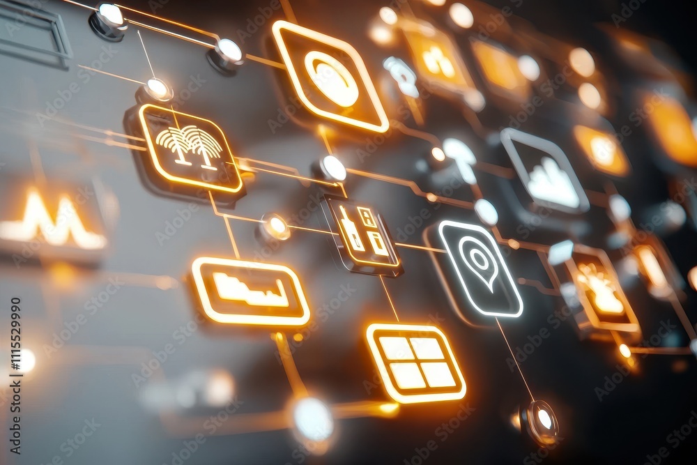 Poster abstract digital connectivity with gleaming icons and symbols