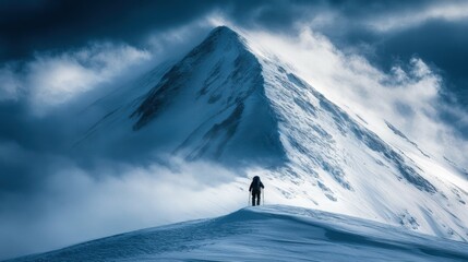 snowy mountain peak and single hiker, vast icy landscape, cold and isolated, moody blue tones, high altitude view, realistic snow details, awe-inspiring and peaceful atmosphere
