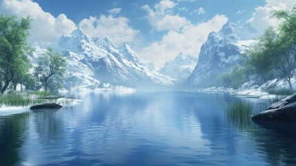 Fototapeta premium clear mountain lake surrounded by snowy peaks, cold blue tones, realistic details, isolated natural beauty, serene and majestic, detailed reflections, peaceful atmosphere