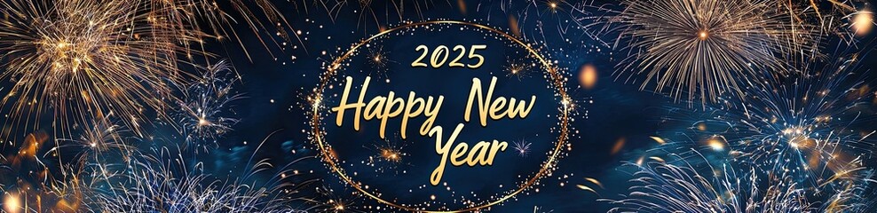 Fireworks display in the night sky with text Happy New Year written on it, creating an atmosphere of celebration and joy for a festive greeting card design