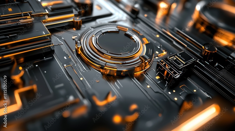 Poster Close-Up View of Futuristic Circuit Board with Orange Highlights