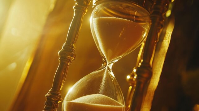 Close-up of hourglass with sand flowing, concept of time management and deadlines, soft focus background, warm tones, focus on efficiency and productivity.