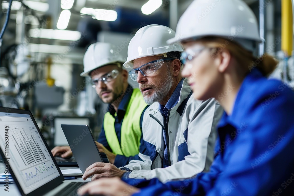 Poster Team of Engineers Analyzing Data on Laptop in Industrial Setting