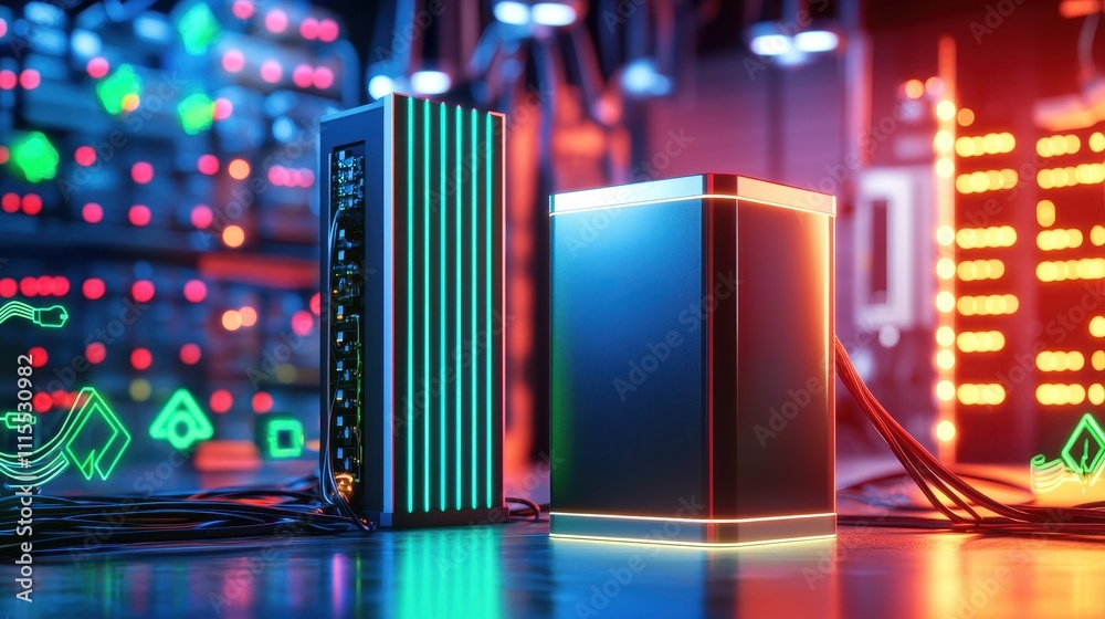Poster Futuristic Data Center with Glowing Computer Servers and Cables