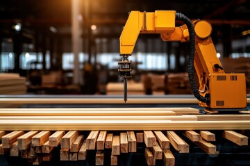 Fototapeta premium Robotic Arm Operating in Woodworking Workshop with Planks and Tools