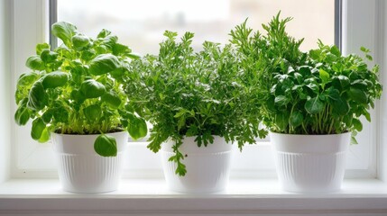 Fototapeta premium Fresh herbs growing on windowsill, capturing sustainability, health, and focus on incorporating natural ingredients into meals.