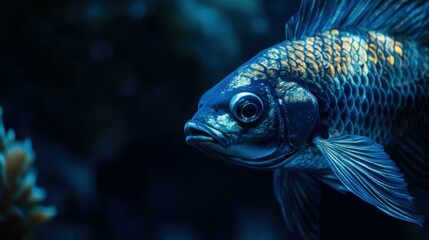 Fototapeta premium close-up of fish with intricate patterns, in dark blue water, illuminated by soft light, highly detailed and realistic, calm vibe