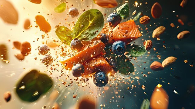A super engaging and dynamic intro scene featuring an explosion of vibrant superfoods bursting out from the center of the screen in slow motion. 
