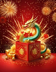 Obraz premium A festive New Year with a red gift box adorned with a gold bow in the foreground.