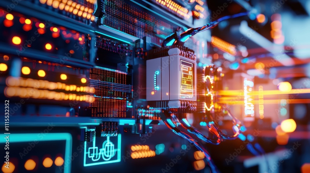 Poster modern circuit board with led lights and high-tech components
