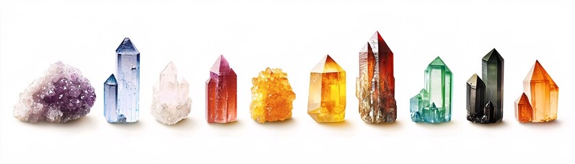 Fototapeta premium Diverse types of crystals arranged in a gradient to depict their varying properties and applications in technology