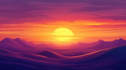vivid desert sunset with orange and purple hues, dramatic sky, sand dunes in shadow, peaceful and warm atmosphere, isolated landscape, vibrant colors, evening beauty