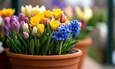 variety of garden bulbs flowering in a pot, Generative AI