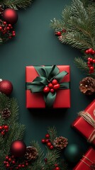  A vibrant composition featuring a red Christmas gift adorned with a green ribbon, surrounded by pine branches and festive decorations, perfectly capturing the essence of the winter holiday spirit. Th
