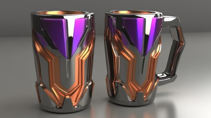 Two metallic mugs with a futuristic design featuring purple and orange accents.