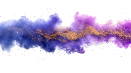 Purple, Blue, Golden colours powder exploding isolated on a transparent background