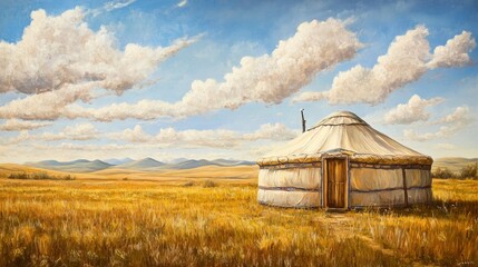 A serene painting depicting a traditional Mongolian yurt set against the backdrop of the vast steppe.