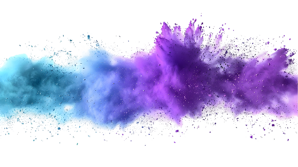 Purple, Blue, Green colours powder exploding isolated on a transparent background