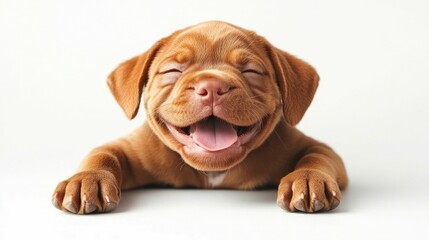 Obraz premium Cheerful and Playful Puppy with a Wide Joyful Grin Captured in Bright Vibrant Tones Against a Crisp White Backdrop for a Striking Pet Photography Portrait