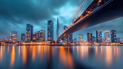 Night cityscape with modern bridge and illuminated skyscrapers reflected in calm water.