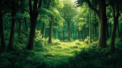 Obraz premium A serene forest scene with lush greenery and sunlight filtering through the trees.