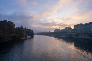 Fototapeta premium Sunset over Po River in Turin