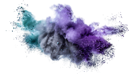 Purple, Grey, Green colours powder exploding isolated on a transparent background