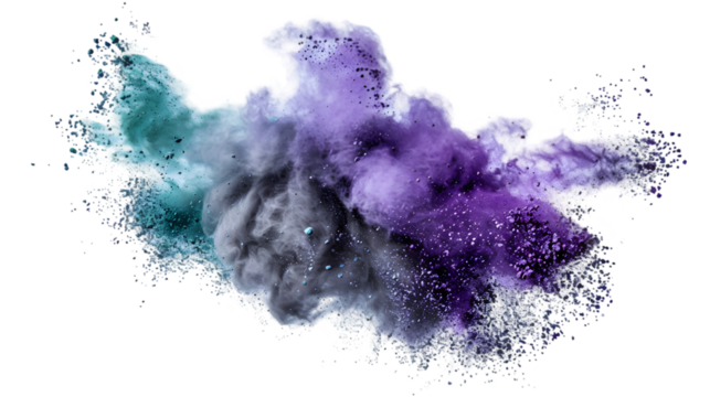 Purple, Grey, Green colours powder exploding isolated on a transparent background