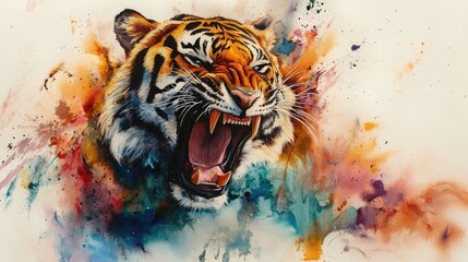 A vibrant watercolor painting of a roaring tiger amidst colorful splashes.