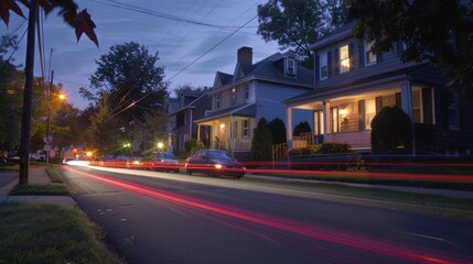 Fototapeta premium The quiet charm of a suburban street is juxtaposed with the dynamic energy of car light trails.