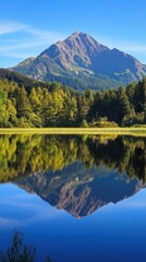Serene mountain landscape reflecting in a calm lake under a clear sky.