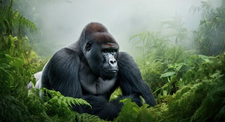 Naklejka premium Majestic gorilla resting in lush misty jungle habitat