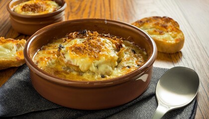 Delicious french onion soup with melted cheese and bread