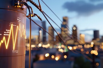 Abstract Data Visualization on Power Pole with City Background