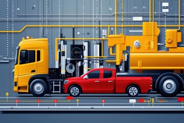 Naklejka premium Industrial Vehicle Composition with Yellow Truck and Red Pickup